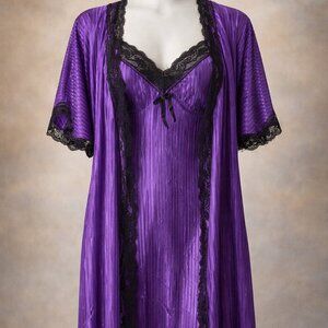 Vintage 2 piece set, purple slip and robe with black lace trim, size small